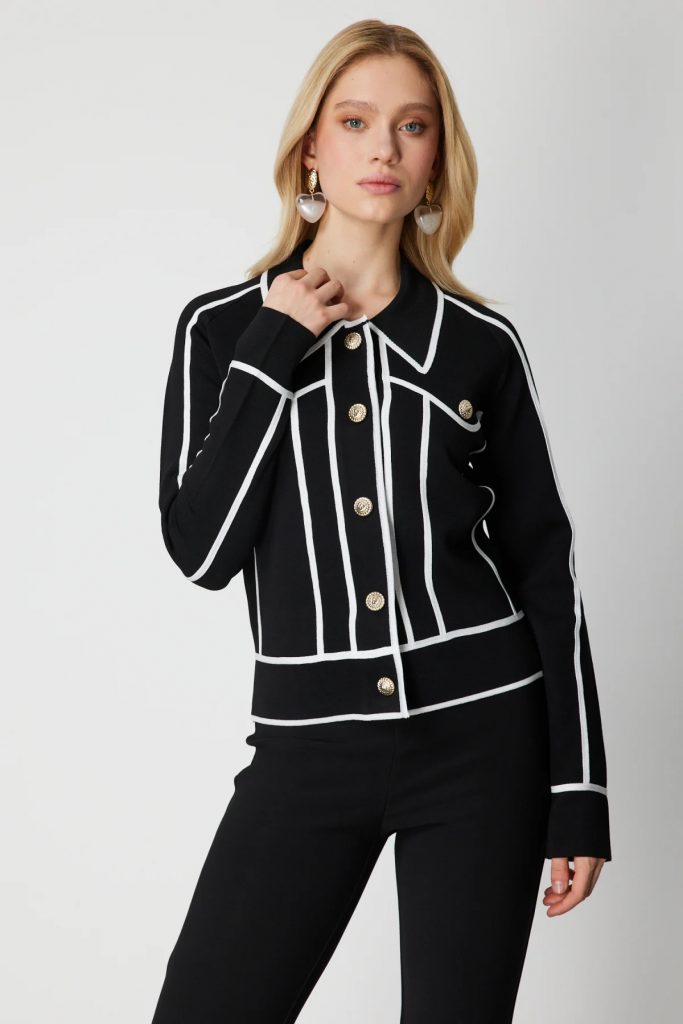 ON TRİKO Şerit Detaylı Çıtçıt Kapamalı Hırka 69908-26k - Siyah