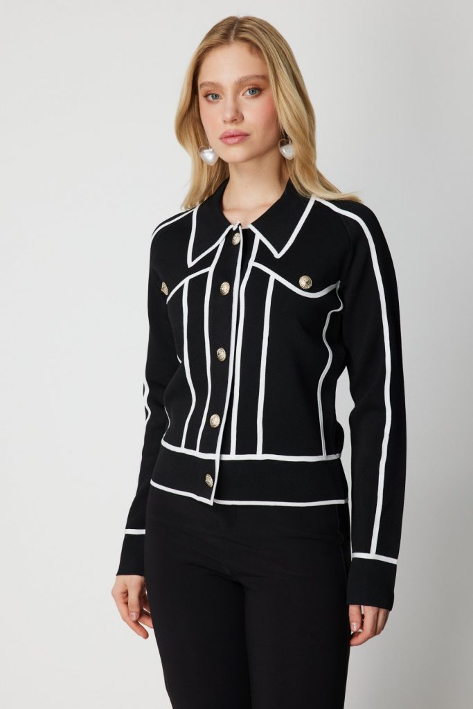 ON TRİKO Şerit Detaylı Çıtçıt Kapamalı Hırka 69908-26k - Siyah