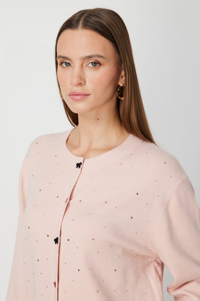 ON TRİKO Taş Detaylı Sıfır Yaka Triko Hırka 60344-26k - pembe