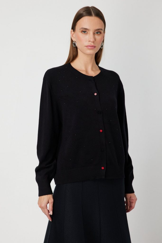 ON TRİKO Taş Detaylı Sıfır Yaka Triko Hırka 60344-26k - Siyah