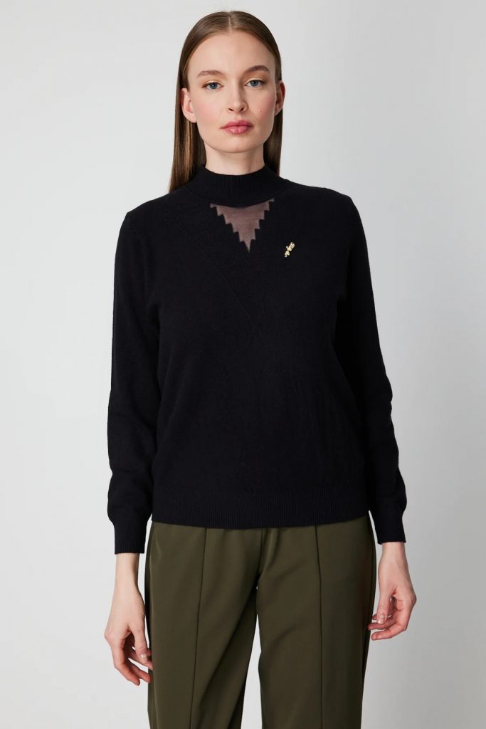 ON TRİKO Yakası Tül Detaylı Pamuklu Triko Kazak 60342-26k - EKRU