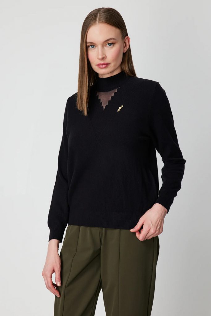 ON TRİKO Yakası Tül Detaylı Pamuklu Triko Kazak 60342-26k - Siyah