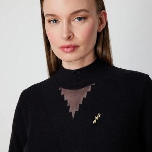 ON TRİKO Yakası Tül Detaylı Pamuklu Triko Kazak 60342-26k - Siyah