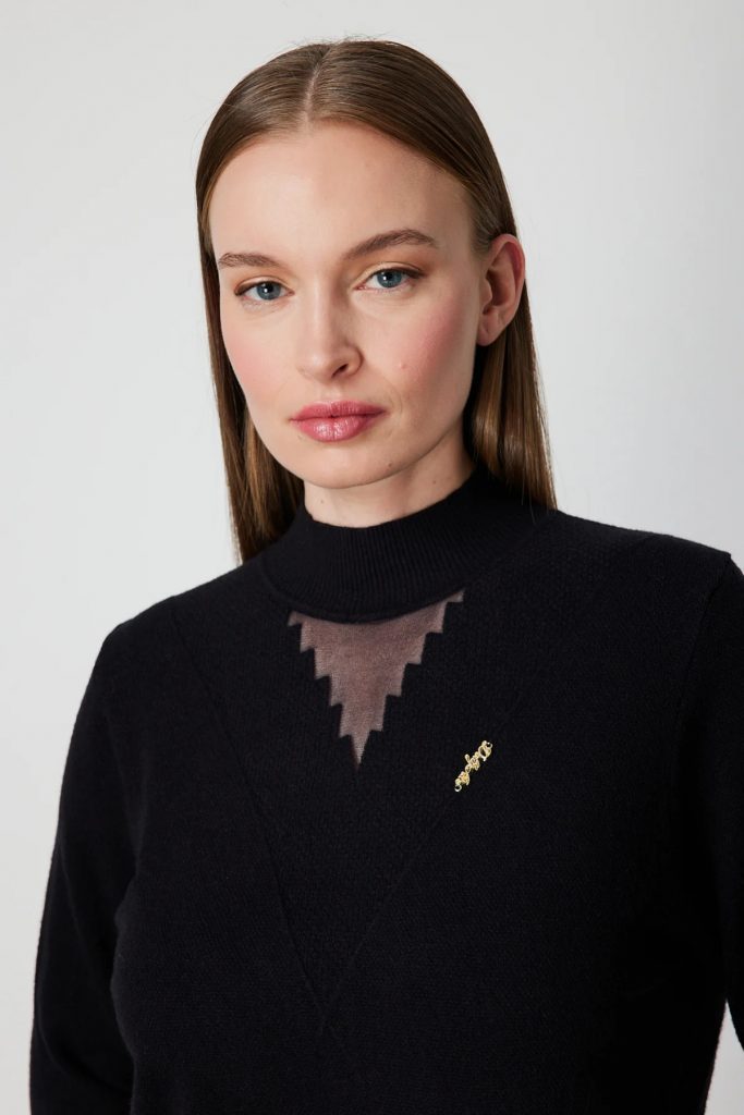 ON TRİKO Yakası Tül Detaylı Pamuklu Triko Kazak 60342-26k - Siyah