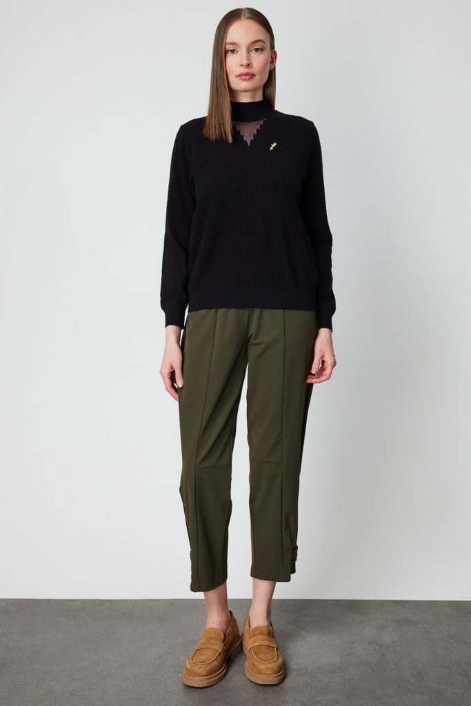 ON TRİKO Yakası Tül Detaylı Pamuklu Triko Kazak 60342-26k - Siyah