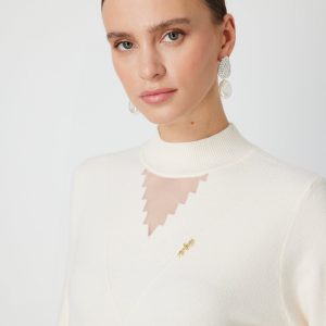 ON TRİKO Yakası Tül Detaylı Pamuklu Triko Kazak 60342-26k - BEJ