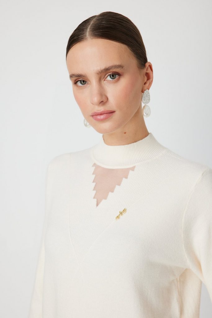 ON TRİKO Yakası Tül Detaylı Pamuklu Triko Kazak 60342-26k - BEJ