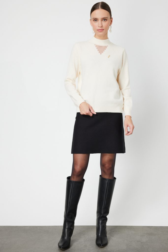 ON TRİKO Yakası Tül Detaylı Pamuklu Triko Kazak 60342-26k - BEJ