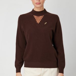 ON TRİKO Yakası Tül Detaylı Pamuklu Triko Kazak 60342-26k - kahve