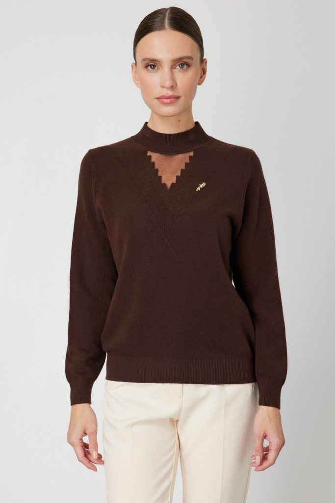 ON TRİKO Yakası Tül Detaylı Pamuklu Triko Kazak 60342-26k - kahve