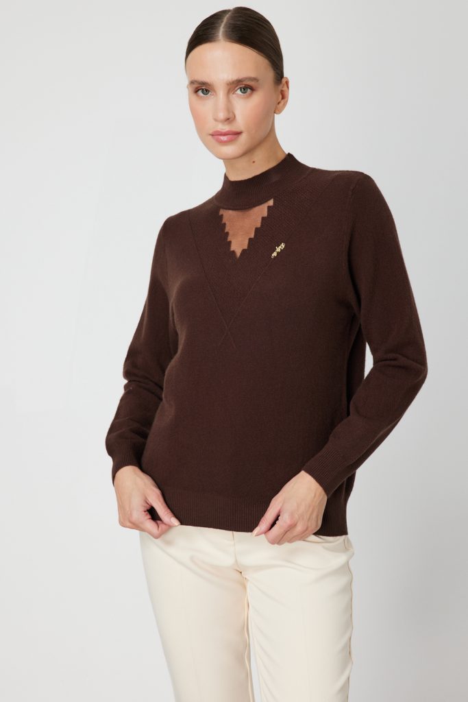 ON TRİKO Yakası Tül Detaylı Pamuklu Triko Kazak 60342-26k - kahve