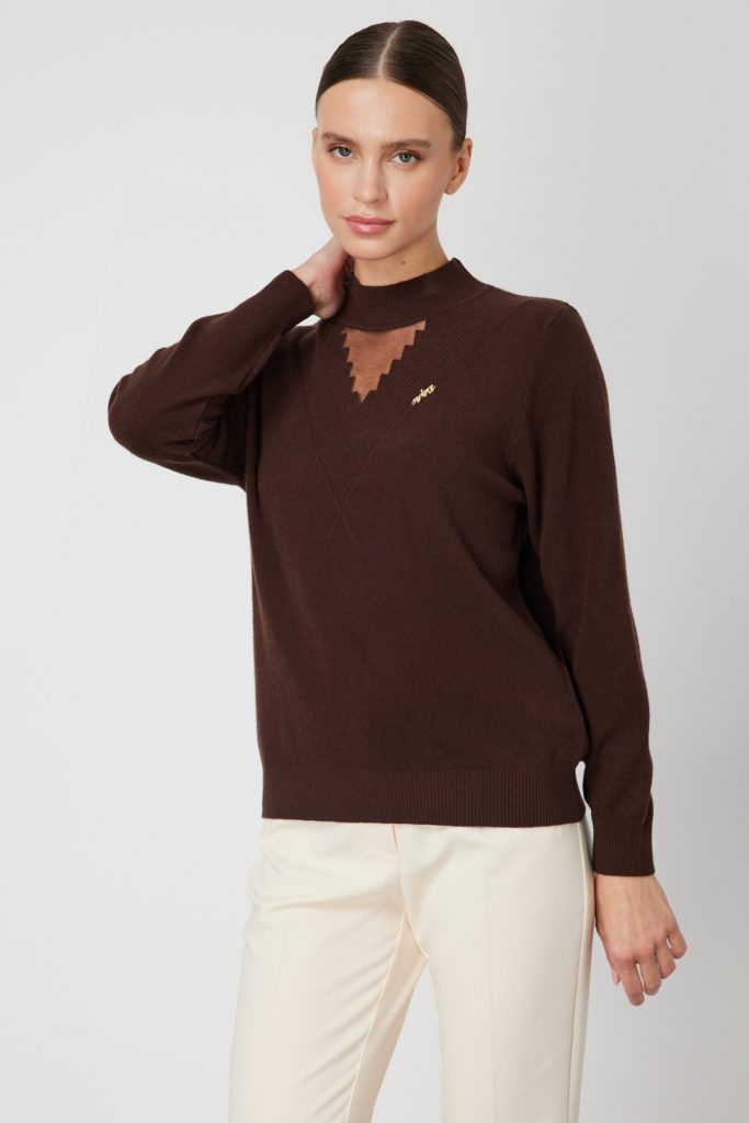 ON TRİKO Yakası Tül Detaylı Pamuklu Triko Kazak 60342-26k - kahve