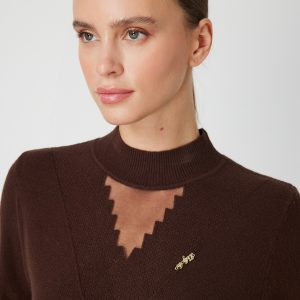 ON TRİKO Yakası Tül Detaylı Pamuklu Triko Kazak 60342-26k - kahve