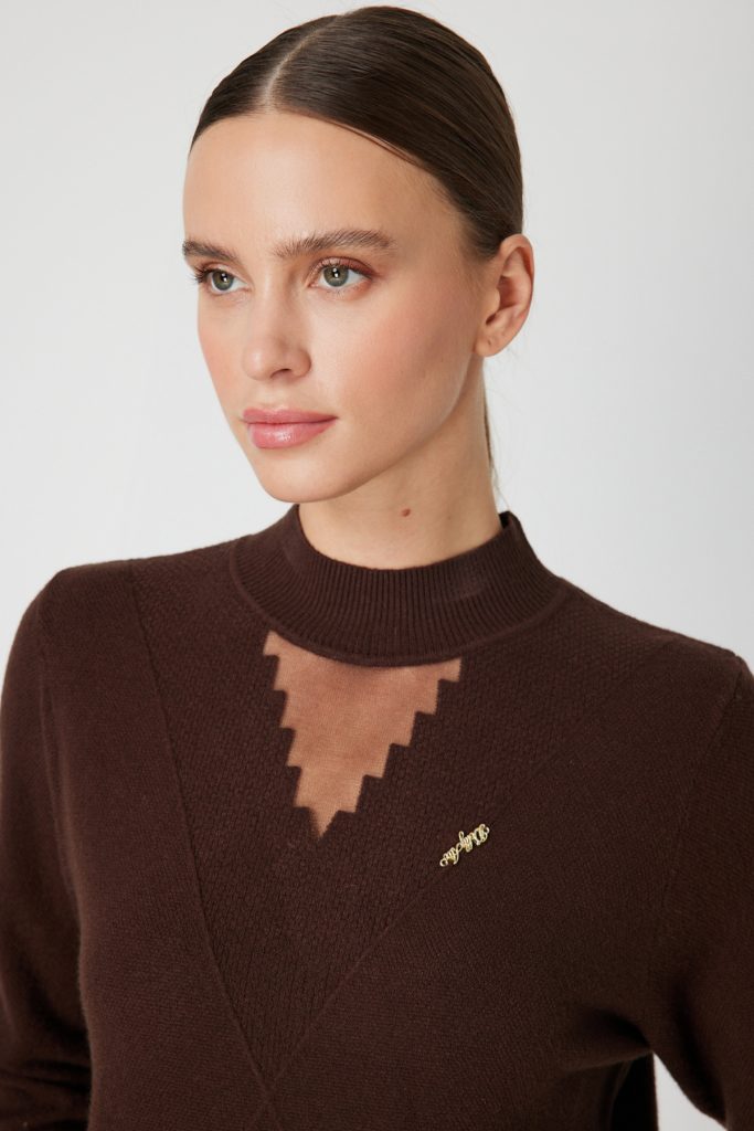 ON TRİKO Yakası Tül Detaylı Pamuklu Triko Kazak 60342-26k - kahve