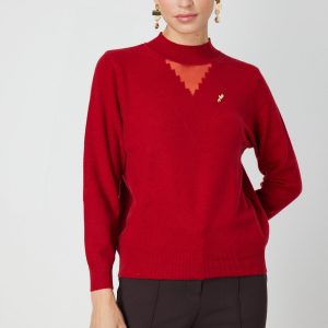 ON TRİKO Yakası Tül Detaylı Pamuklu Triko Kazak 60342-26k - KIRMIZI