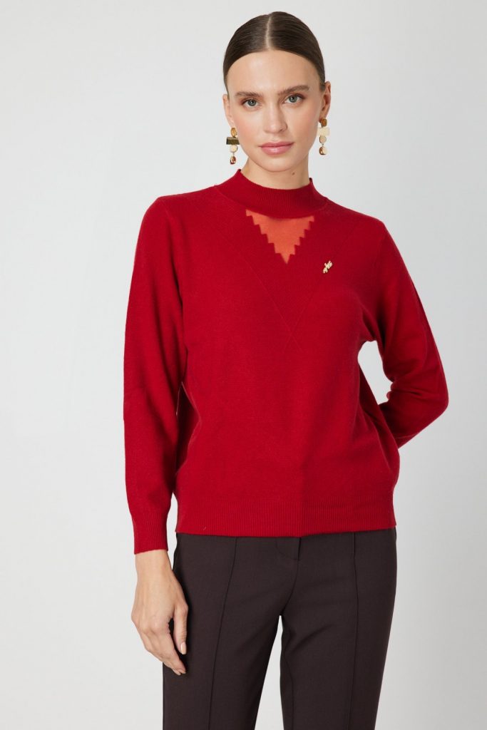 ON TRİKO Yakası Tül Detaylı Pamuklu Triko Kazak 60342-26k - KIRMIZI