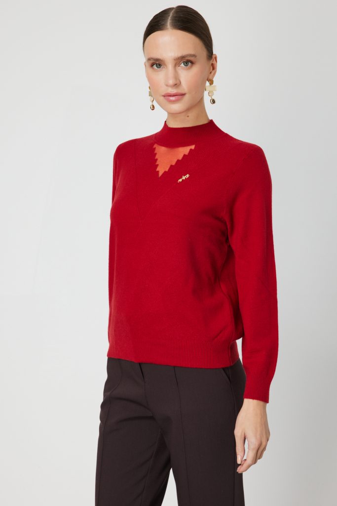 ON TRİKO Yakası Tül Detaylı Pamuklu Triko Kazak 60342-26k - KIRMIZI