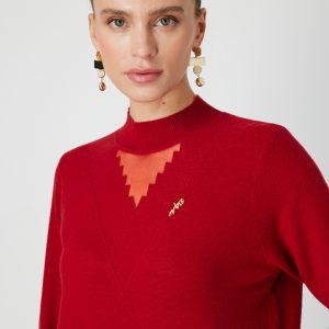 ON TRİKO Yakası Tül Detaylı Pamuklu Triko Kazak 60342-26k - KIRMIZI