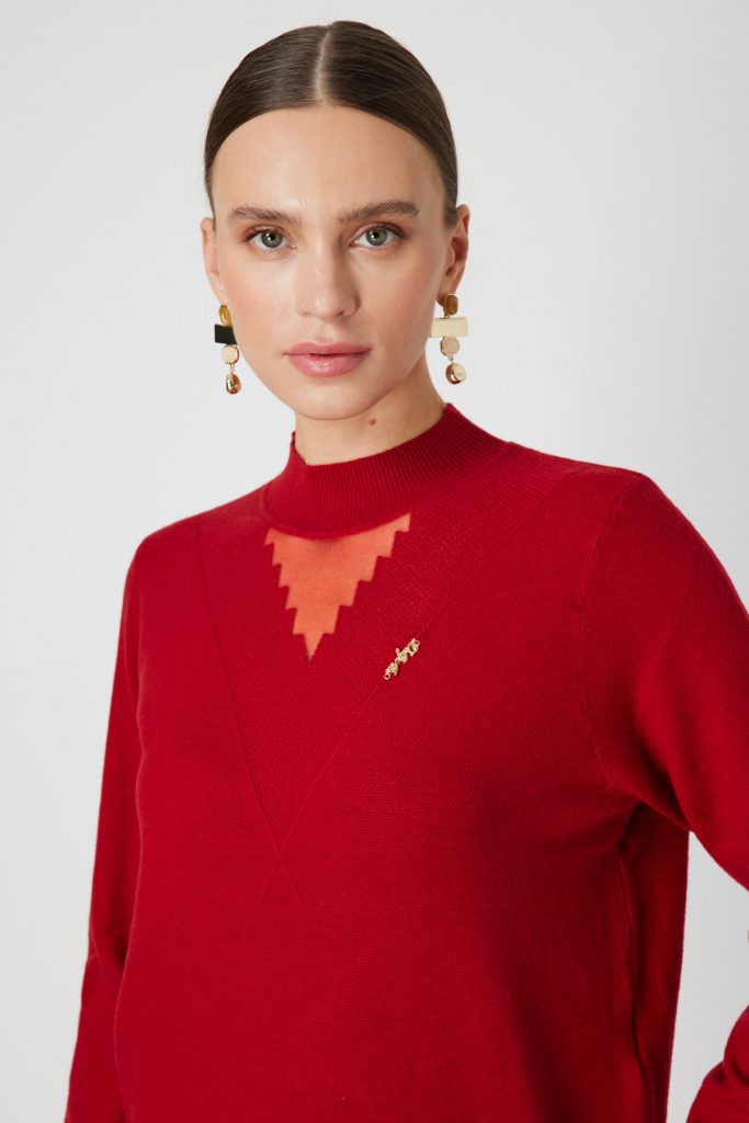 ON TRİKO Yakası Tül Detaylı Pamuklu Triko Kazak 60342-26k - KIRMIZI