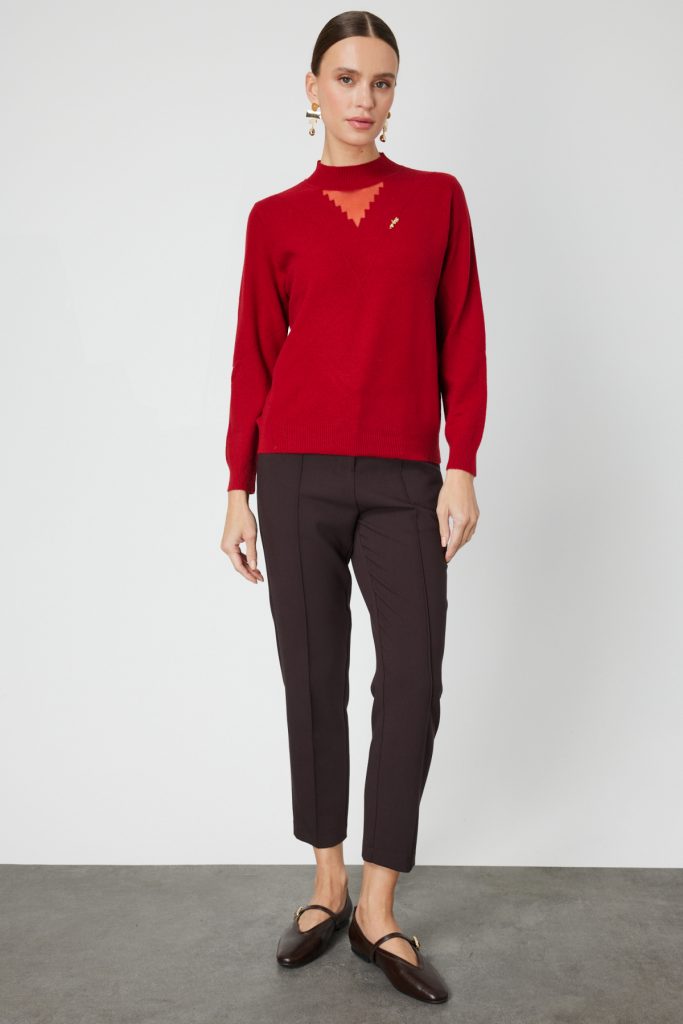 ON TRİKO Yakası Tül Detaylı Pamuklu Triko Kazak 60342-26k - KIRMIZI