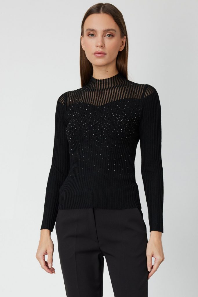 ON TRİKO Yakası Transparan Taşlı Triko Kazak 60340-26k - camel