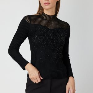 ON TRİKO Yakası Transparan Taşlı Triko Kazak 60340-26k - Siyah