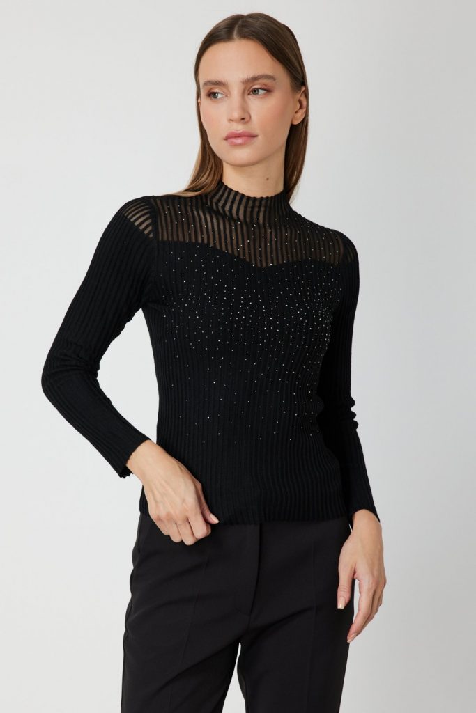 ON TRİKO Yakası Transparan Taşlı Triko Kazak 60340-26k - Siyah
