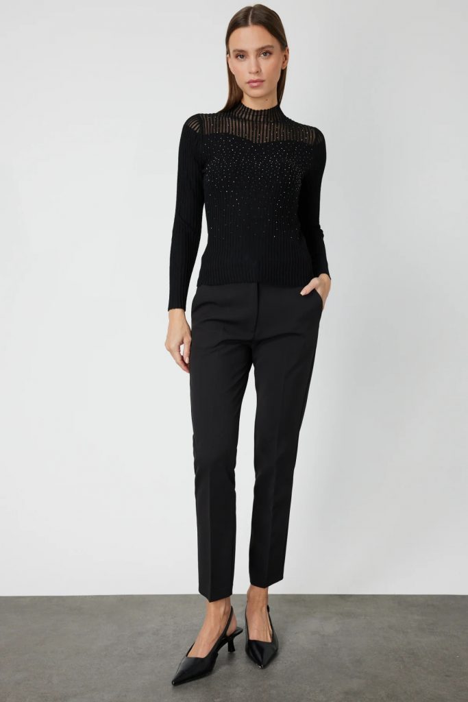 ON TRİKO Yakası Transparan Taşlı Triko Kazak 60340-26k - Siyah