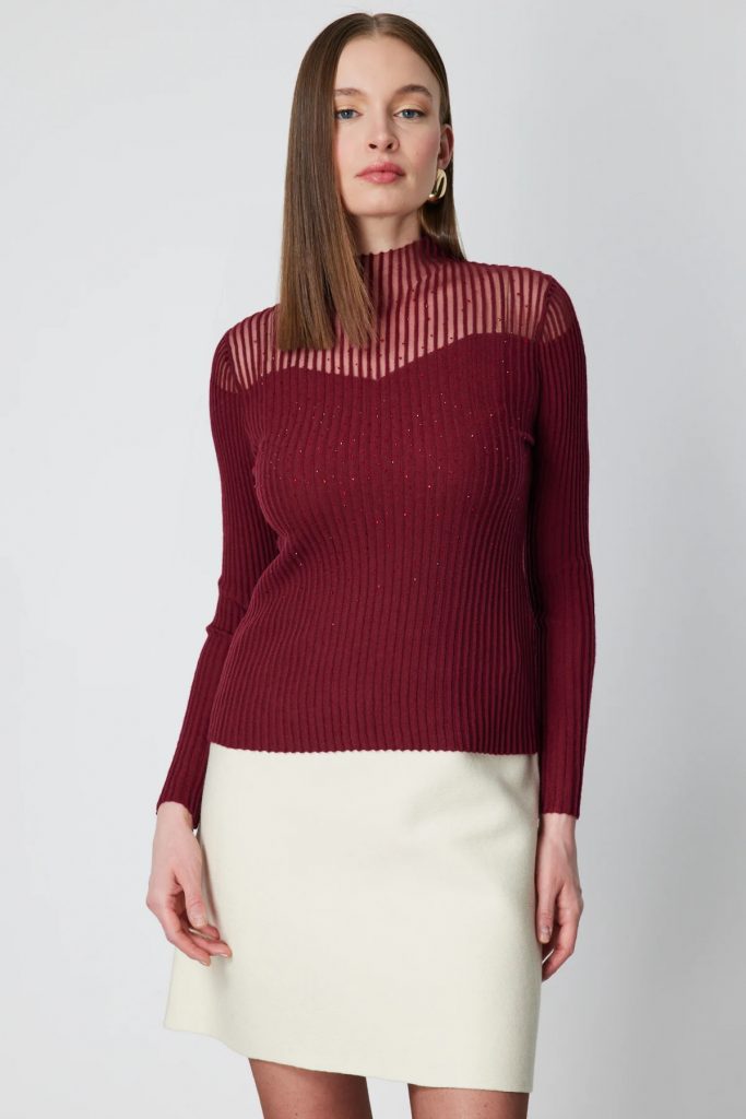 ON TRİKO Yakası Transparan Taşlı Triko Kazak 60340-26k - KIRMIZI