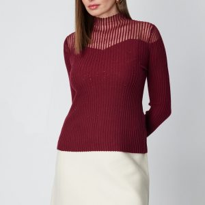 ON TRİKO Yakası Transparan Taşlı Triko Kazak 60340-26k - KIRMIZI