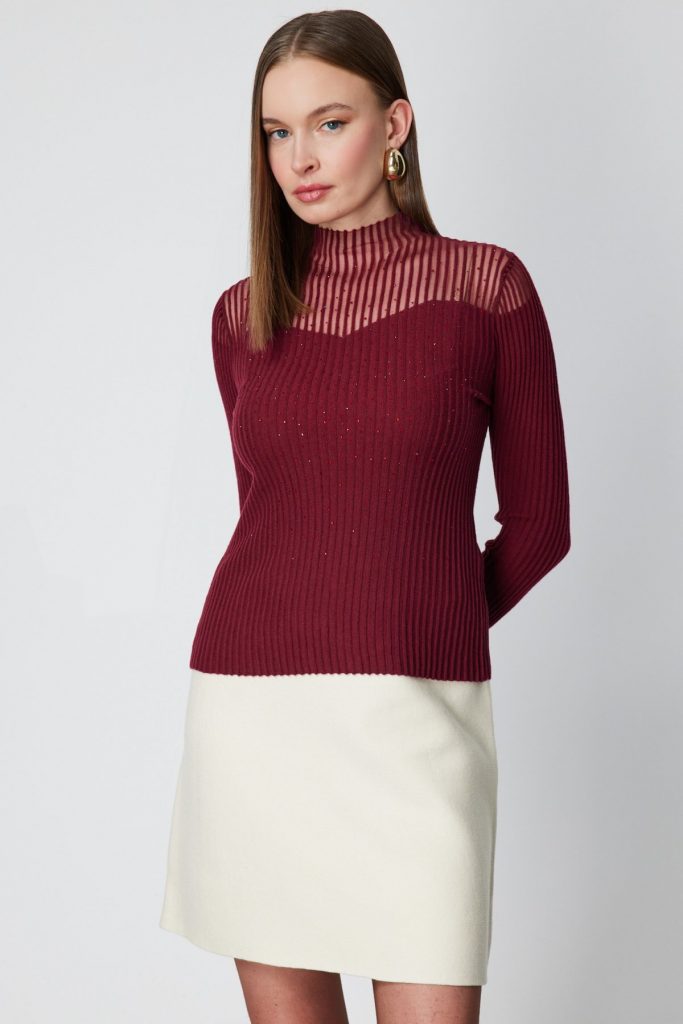 ON TRİKO Yakası Transparan Taşlı Triko Kazak 60340-26k - KIRMIZI