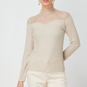 ON TRİKO Yakası Transparan Taşlı Triko Kazak 60340-26k - EKRU