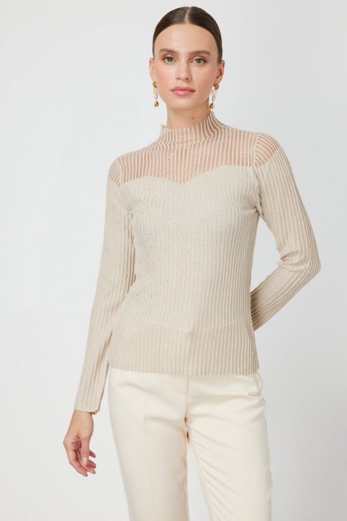 ON TRİKO Yakası Transparan Taşlı Triko Kazak 60340-26k - EKRU