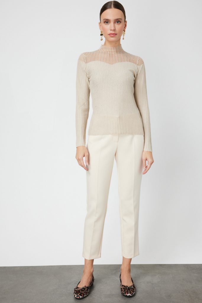 ON TRİKO Yakası Transparan Taşlı Triko Kazak 60340-26k - EKRU