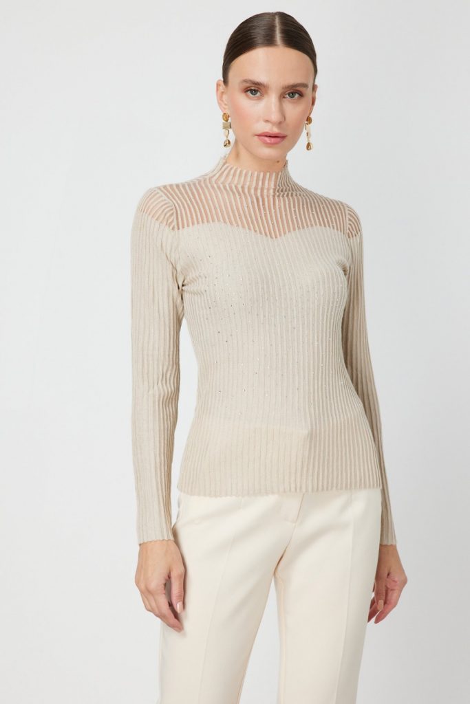 ON TRİKO Yakası Transparan Taşlı Triko Kazak 60340-26k - EKRU