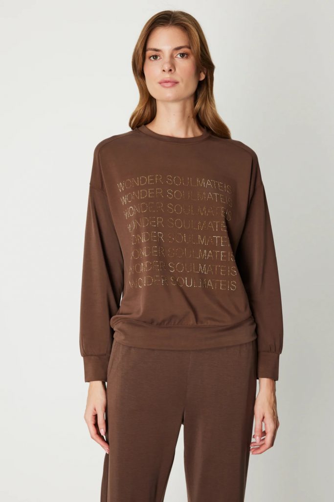 ON TRİKO Taşlı Yazılı Sıfır Yaka Eşofman Üstü 66348-26k - kahve