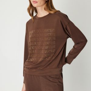 ON TRİKO Taşlı Yazılı Sıfır Yaka Eşofman Üstü 66348-26k - kahve