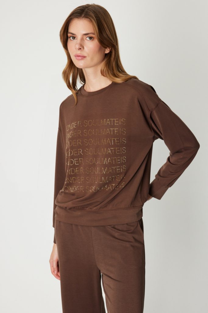 ON TRİKO Taşlı Yazılı Sıfır Yaka Eşofman Üstü 66348-26k - kahve