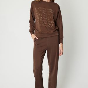 ON TRİKO Taşlı Yazılı Sıfır Yaka Eşofman Üstü 66348-26k - kahve