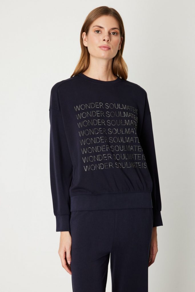 ON TRİKO Taşlı Yazılı Sıfır Yaka Eşofman Üstü 66348-26k - Lacivert