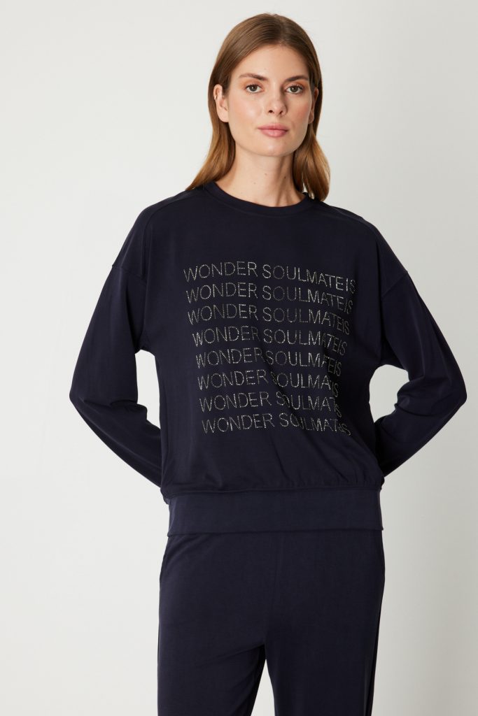 ON TRİKO Taşlı Yazılı Sıfır Yaka Eşofman Üstü 66348-26k - Lacivert