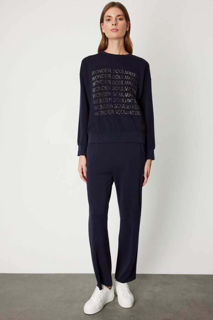 ON TRİKO Taşlı Yazılı Sıfır Yaka Eşofman Üstü 66348-26k - Lacivert