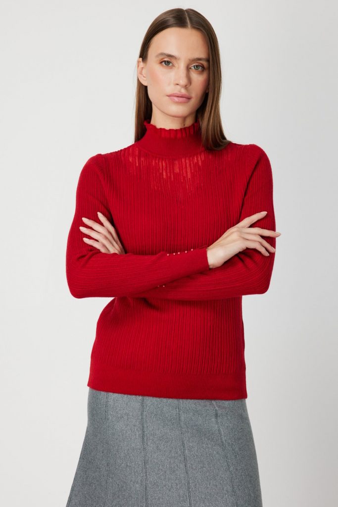 ON TRİKO Tül Detaylı Fitilli Triko Kazak 60341-26k - kahve