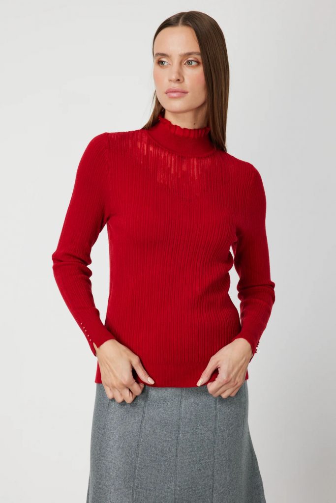 ON TRİKO Tül Detaylı Fitilli Triko Kazak 60341-26k - KIRMIZI