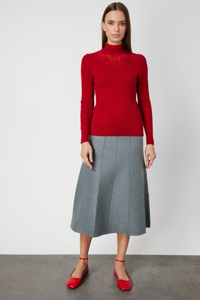 ON TRİKO Tül Detaylı Fitilli Triko Kazak 60341-26k - KIRMIZI