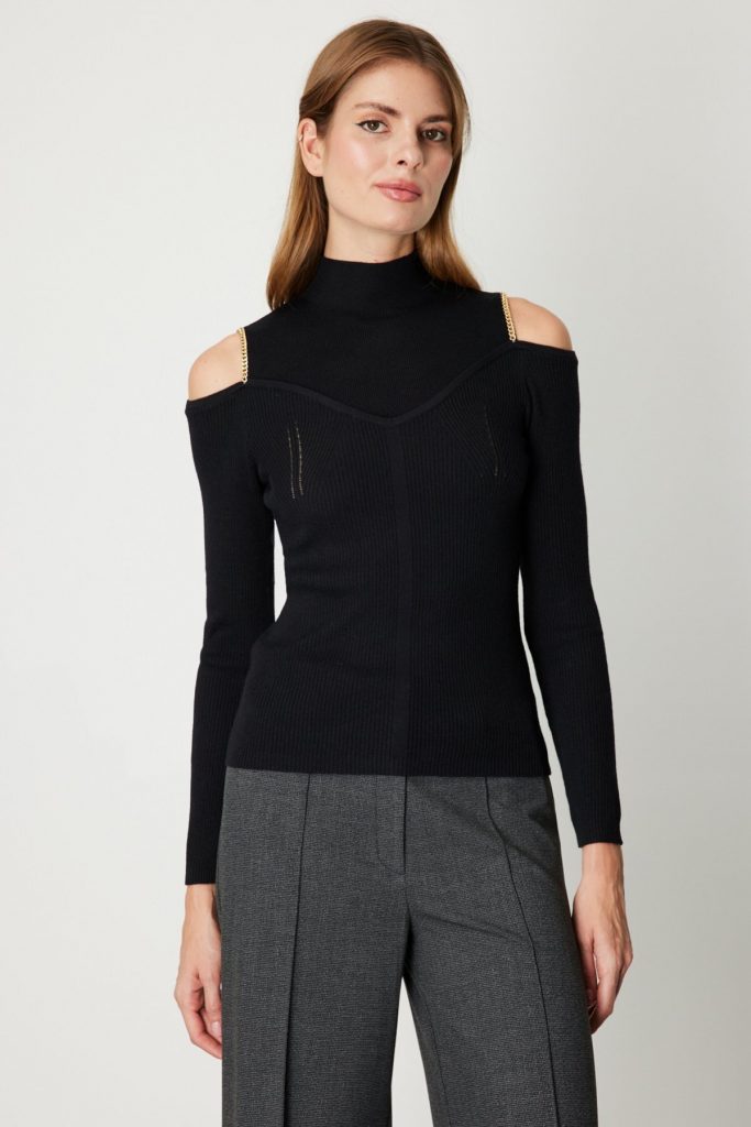 ON TRİKO Omuzları Açık Triko Kazak 60398-26k - Siyah