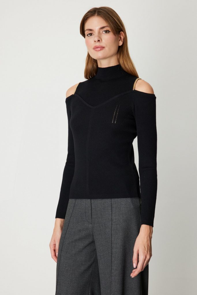 ON TRİKO Omuzları Açık Triko Kazak 60398-26k - Siyah