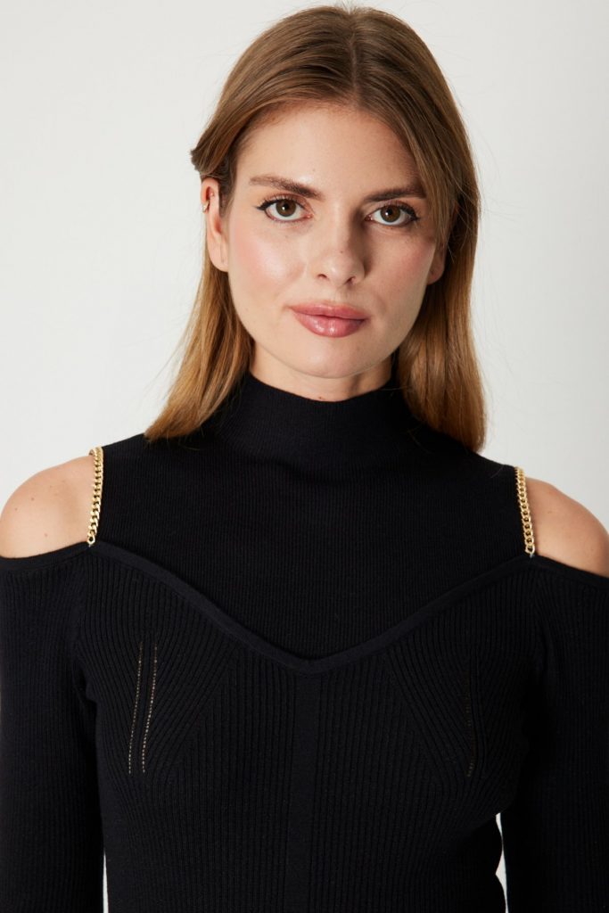 ON TRİKO Omuzları Açık Triko Kazak 60398-26k - Siyah