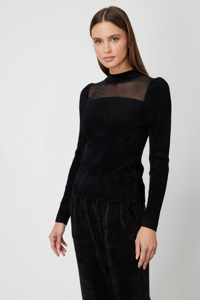 ON TRİKO Transparan Detaylı Kadife Bluz 60415-26K - Siyah