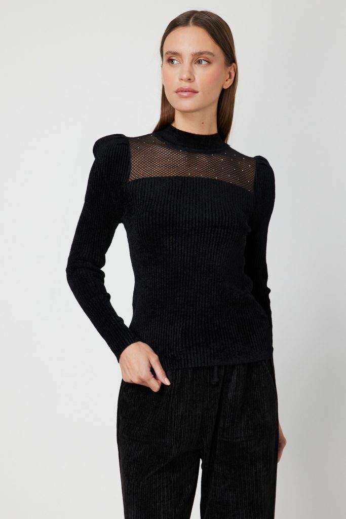 ON TRİKO Transparan Detaylı Kadife Bluz 60415-26K - Siyah